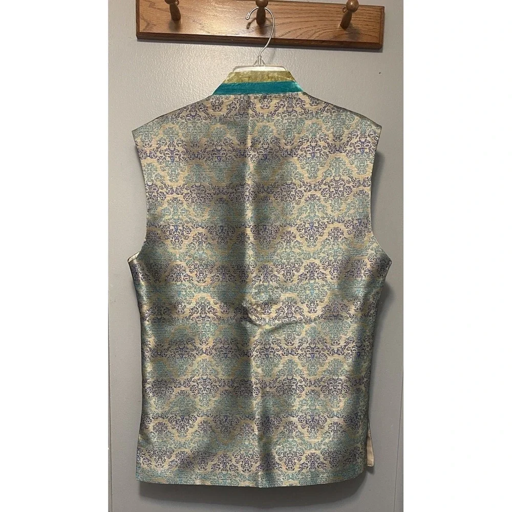 Nehru jacket/vest Men's Xl Teal/Gold Silk Wedding Matching Pocket Square Buttons